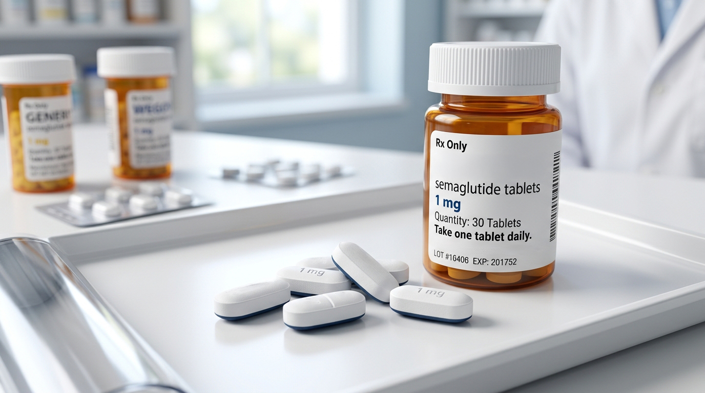 Prescription semaglutide bottle and tablets on a pharmacist\'s counter