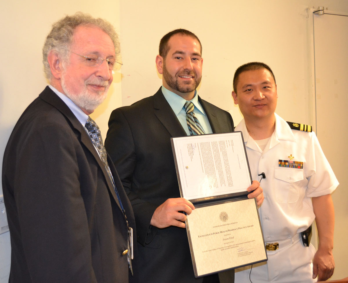 Pictured left to right are: Dr. Stuart Feldman, dean of the Touro College of Pharmacy; Steven Elrod; and Dr. Jerry Zee, Regional Pharmacist, Centers for Medicare & Medicaid Services, who presented the award.