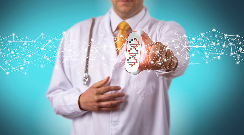 stock image of physician in white coat and stethoscope (only see the torso in the white coat) holding an image of a DNA helix, the foundation for personalized medicine and pharmacogenetics.
