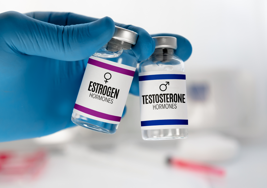  Vials of the steroid hormones estrogen and testosterone