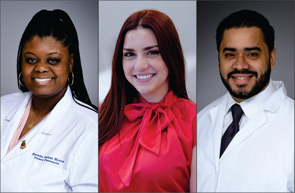 (L-R) Rhonda Moton student pharmacist in white coat, Greta Morales Mendoza in red shirt, Roberto Maldonado student pharmacist in white coat
