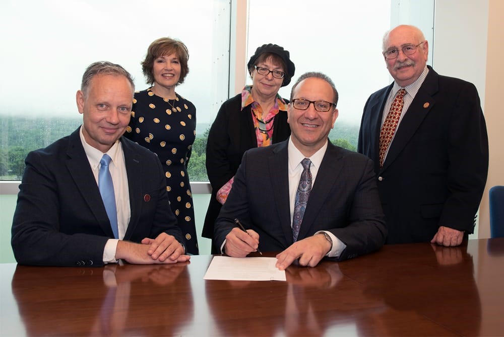 Front (L-R), Ramapo Provost Stefan Becker and TCOP Dean Henry Cohen, PharmD.  Back: (L-R) Heidi Fuchs, Assistant Dean for Admissions and Enrollment Management, TCOP; Rena Bacon, Ph.D., Professor of Biology at Ramapo; and Edward Saiff, Ph.D., Dean, School of Theoretical and Applied Science at Ramapo.